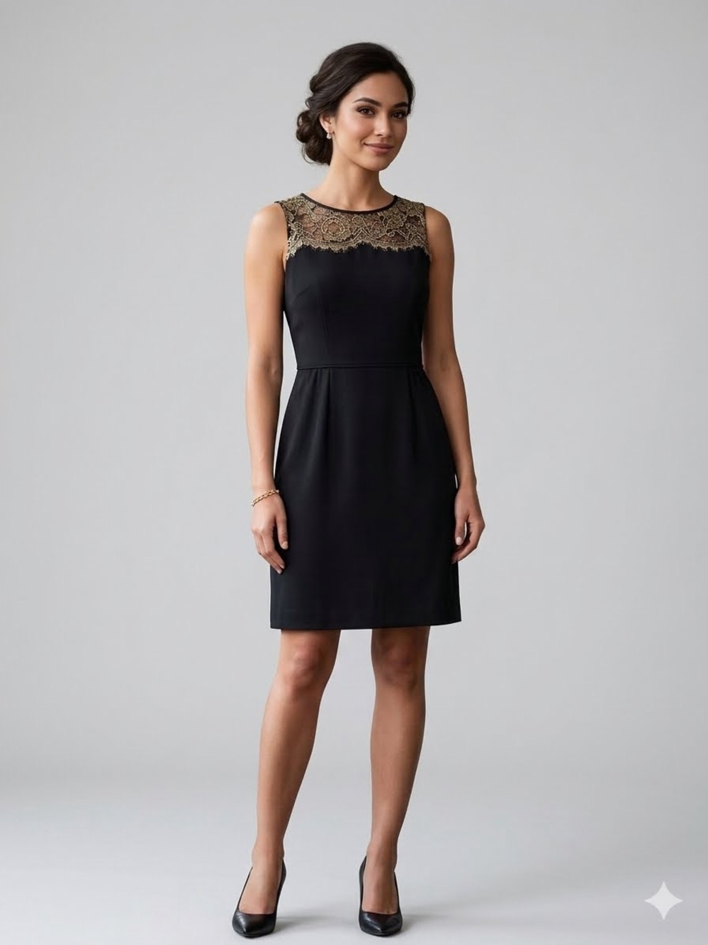 LOFT Black Cocktail Dress with Gold Lace Yoke – Size 6P (Petite)